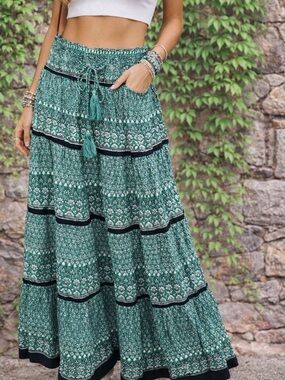 M.A.B.E. Mari Boho Patterned Green Shirred Maxi Skirt, M